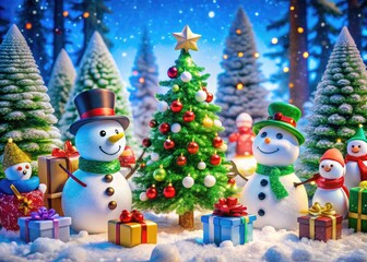 Festive Cartoon Christmas Scenes with Trees, Gifts, Snowmen, and Cheerful Holiday Decorations