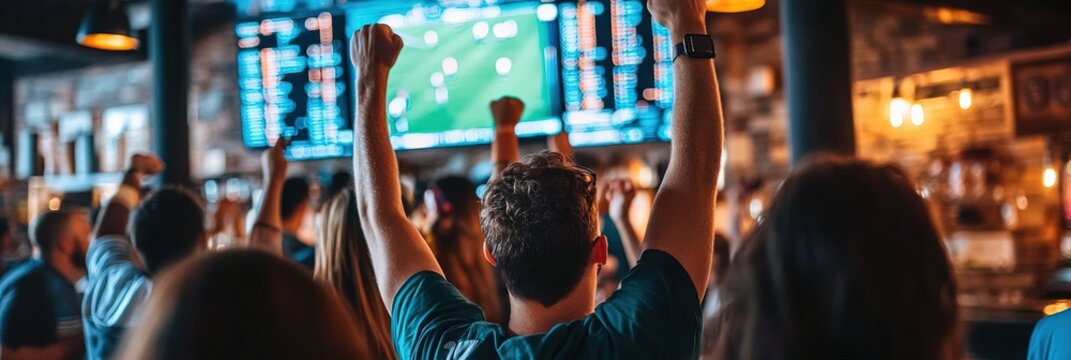 sports fans cheering at sports bar