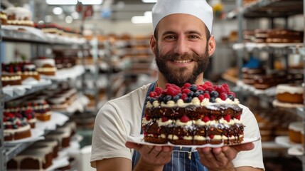 Baker proudly presents a decorated cake in a bustling bakery