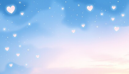 Dreamy white hearts floating on soft blue sky background with copy space