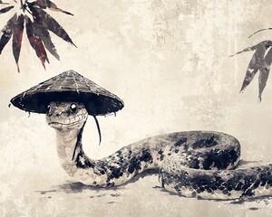 Snake with a traditional Chinese hat symbolizing scholarly pursuits in Chinese ink style