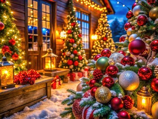 Fototapeta premium Festive Christmas Sets with Ornaments, Lights, and Decor for a Joyful Holiday Celebration Atmosphere