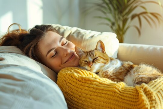 A woman enjoying a cozy afternoon at home with her cat, basking in sunlight from large windows - Powered by Adobe