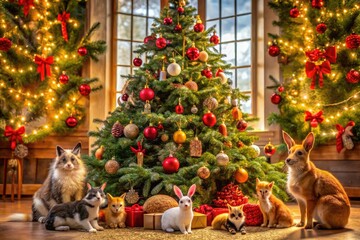 Festive Christmas Tree Surrounded by Adorable Animals in a Cozy Holiday Setting with Decorations