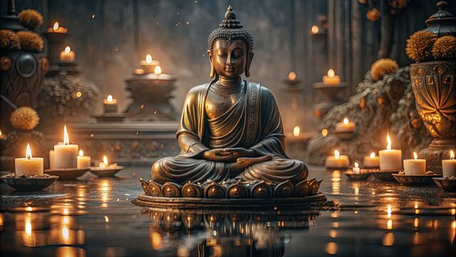Happy Vesak Day, Buddha Purnima wishes greetings with buddha and lotus illustration. Can be used for poster, banner, logo, background, greetings, print design. abstract illustration design.