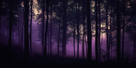Naklejka premium Mysterious spooky dark forest at night with silhouettes of trees and moonlight - eerie sinister forest 
