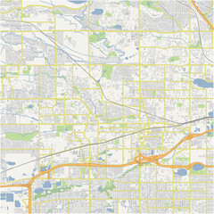 Map of Arvada in Colorado in a normal road map style. Contains layered vector with roads water, parks, etc.