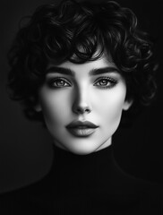 Fototapeta premium A beautiful woman with short, curly hair, captivating eyes, and a full-face portrait. 