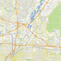 Map of Commerce City in Colorado in a normal road map style. Contains layered vector with roads water, parks, etc.