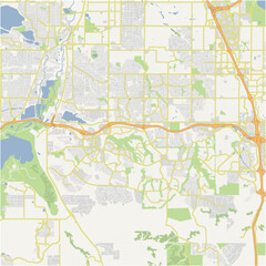 Map of Highlands Ranch in Colorado in a normal road map style. Contains layered vector with roads water, parks, etc.