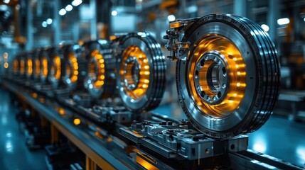 Fototapeta premium A row of shiny metal brake discs on an automated assembly line in a factory.
