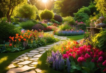 Obraz premium vibrant garden paths enclosed lush greenery colorful plant arrangements inviting guests explore beauty, pathway, plants, flowers, landscape, nature