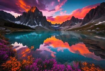 stunning sunset over alpine mountains majestic vibrant serene natural landscape, peaks, sky, nature, scenic, beauty, view, rock, terrain, wild, travel