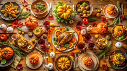 Fototapeta premium Festive Thanksgiving Dinner Table Setting with Traditional Dishes, Autumn Decor, and Warm Atmosphere