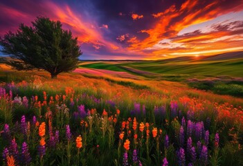 Obraz premium vibrant fields basking glory dramatic sunset sky brilliant hues striking clouds over rolling landscapes, aesthetic, ambiance, atmospheric, blossom, blue