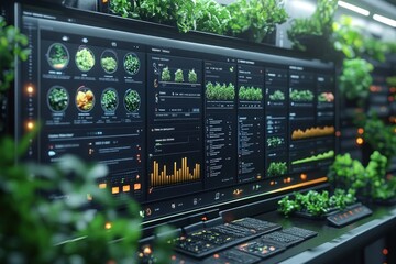 Obraz premium A large monitor with data visualizations on the screen surrounded by green plants.