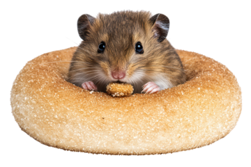 A cute hamstring sitting inside a doughnut, enjoying a small snack. isolated on transparent background.
