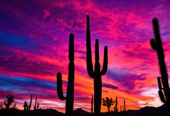 breathtaking cacti silhouetted stunningly colorful sunset sky filled vibrant hues purple, cactus, bright, orange, pink, dramatic, nature, landscape, clouds