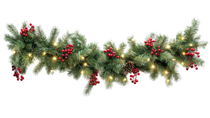 Pinecone and berry garland lit with twinkling lights for festive occasions
