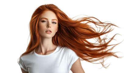 A young woman with vibrant red hair poses gracefully against a simple background