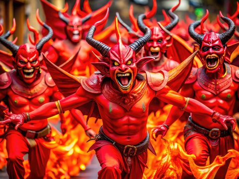 Fiery Red Devils in a Dramatic Display of Color and Energy Against a Dark Background