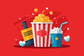 Movie cinema popcorn bucket and cola drink cup with splash, Pop corn snack and soda beverage in red cup with ice cubes splash and flying popcorn from bucket