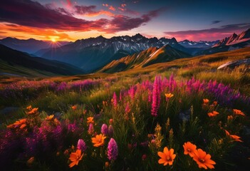 vibrant sunset casting warm hues over majestic mountain peaks expansive natural landscape, adventure, exploring, twilight, scenic, panoramic, view, terrain