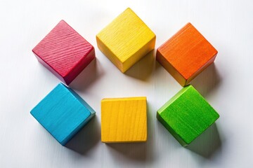 Five Colorful Wooden Blocks Stacked on Top of Each Other in a Playful Arrangement on a White Surface