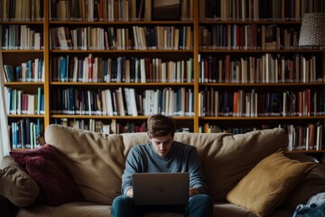 Man working on laptop in library with bookshelves