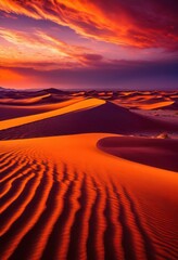 Naklejka premium stunning vibrant sunset over endless expansive desert dunes striking colors textures, sky, landscape, horizon, evening, sand, clouds, light, scenery