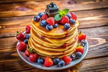 Fluffy golden pancakes stacked high with maple syrup and fresh berries on a rustic wooden table