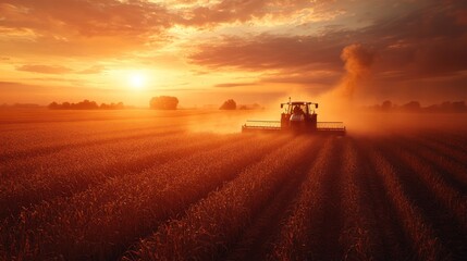 Fototapeta premium A tractor harvests a field of wheat at sunset, kicking up dust in its wake. The sun is setting in the distance, creating a warm glow over the landscape.