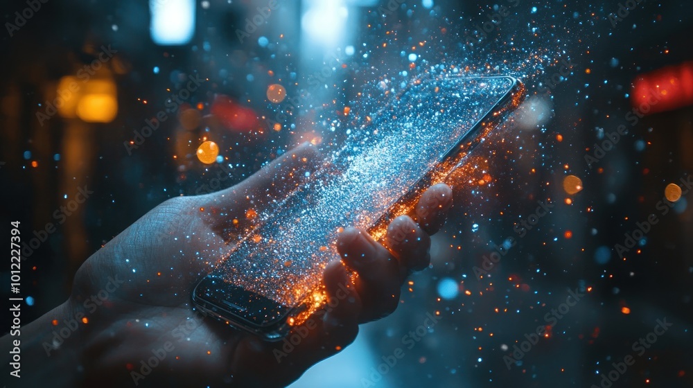 Wall mural a hand holding a smartphone with a digital explosion of particles emanating from it.