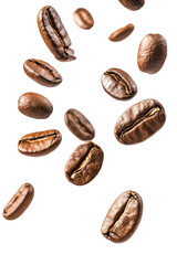 Obraz premium Coffee beans in mid-air showcasing their rich color and texture against a plain backdrop