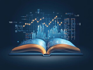 Open book generating financial data with growing charts and graphs