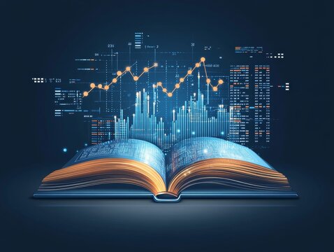 Open book generating financial data with growing charts and graphs