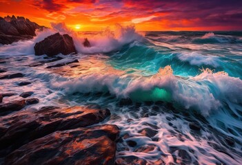 Fototapeta premium stunning turquoise waves crashing dramatically rocky shoreline vibrant sunset fiery orange purple sky, beach, ocean, colors, water, landscape, rocks, beauty