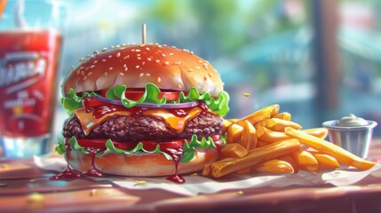 Juicy burger with fries and drink at a sunny diner