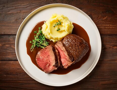 A top view of succulent roast beef with rich demi glace and creamy mashed potatoes on a rustic wooden table. Generative AI