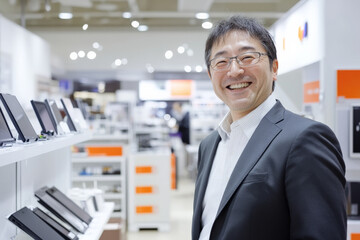 A middle-aged Japanese businessman in a clean and minimalist electronics store, smiling proudly while showing the latest gadgets to customers. His expression radiates professionalism and tech-savvy
