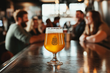A glass of craft beer, with a unique label, is placed on a bar top surrounded by friends laughing and sharing stories. The moment captures the joy of friendship and the refreshing taste of a