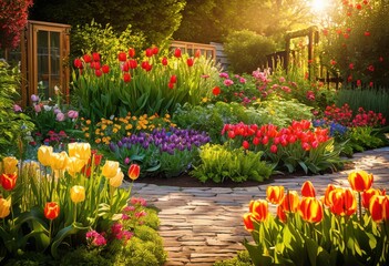Obraz premium vibrant garden layouts featuring diverse seasonal flowering plants full bloom colorful arrangements inspire new garden designs, flowers, blooming, planting