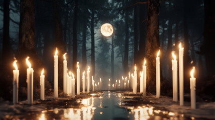 Mysterious moonlit forest scene with glowing candles lined along reflective path. Mist and shadows creating surreal and magical ambiance. Witchcraft, rituals, Halloween themes