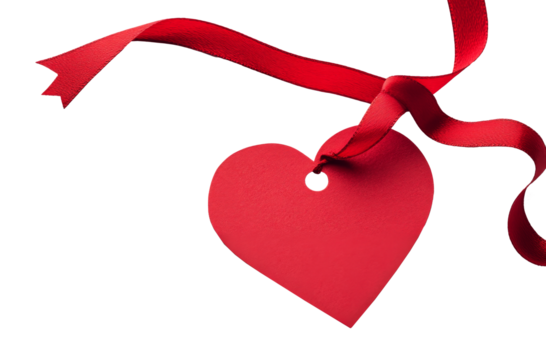 Red heart-shaped tag with a ribbon on a white background for Valentines Day or love occasions