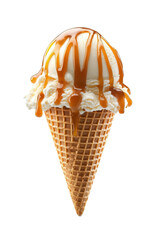 Delicious vanilla ice cream cone topped with rich caramel sauce, studio shot on white background