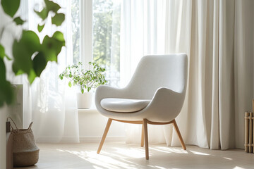 A stylish Scandinavian armchair with sleek wooden legs positioned in a bright, minimalistic living room. Soft natural light streams through a large window, illuminating the clean lines and neutral