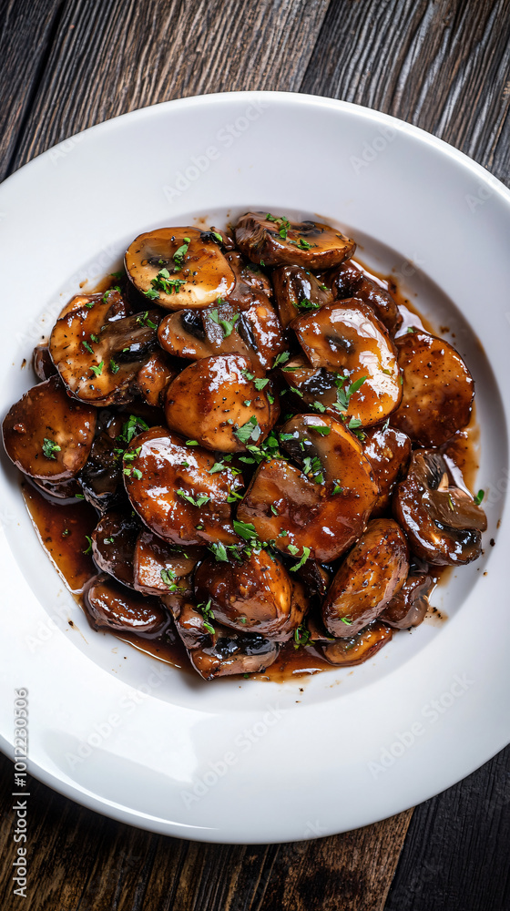 Wall mural savor the mouthwatering experience of sauteed mushrooms with aromatic herbs, elegantly presented on 