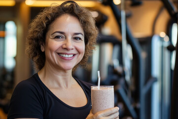 A middle-aged Brazilian woman smiling as she drinks a shake, surrounded by weights and cardio equipment in a well-equipped gym. Her positive energy reflects her healthy, balanced lifestyle.