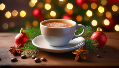 Cup of hot coffee on Christmas background. Concept of holiday and happy New Year atmosphere. High quality photo