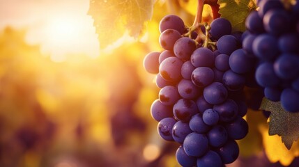 A close-up of dark purple grapes still on the vine, ready for harvest, with golden sunlight shining through.